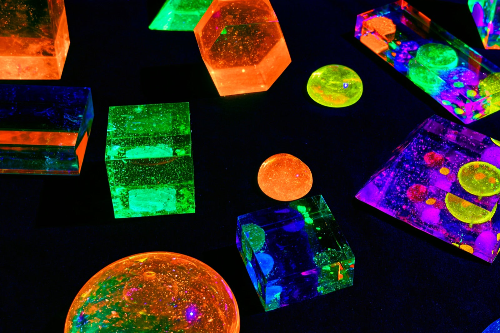 Peças de resina epóxi com pigmento fluorescente brilhando sob luz ultravioleta