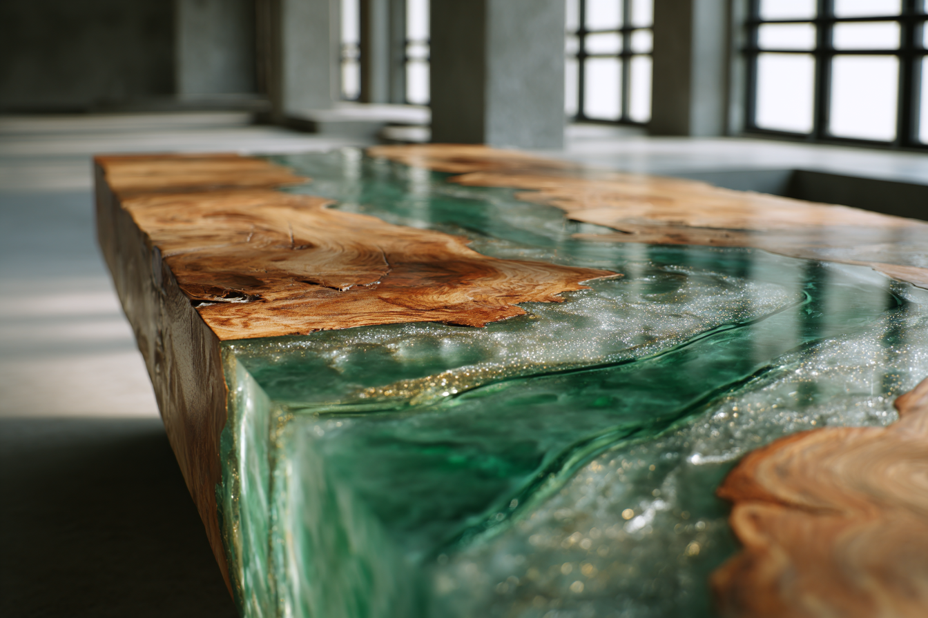 mesa de madeira feita de resina epoxi